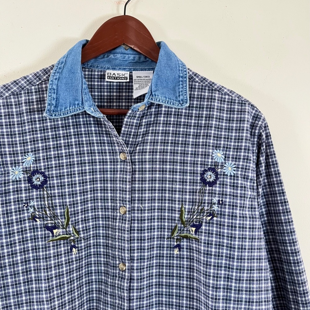 Vintage Basic Editions Plaid Button Up Denim Coll… - image 1